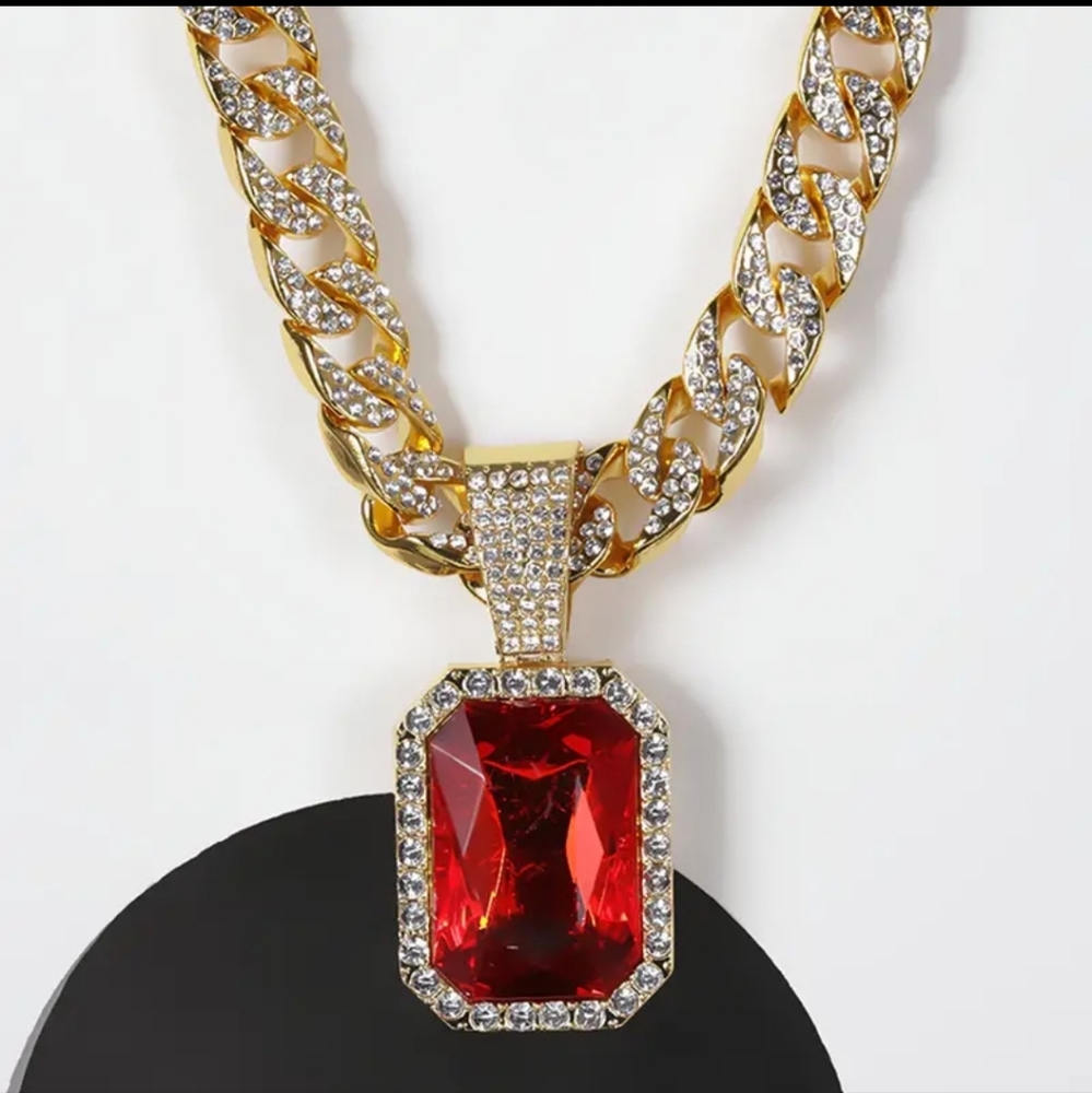 Iced Goldplated Simulated Ruby Bling Hip Hop Cuban Link Chain Rapper Necklace